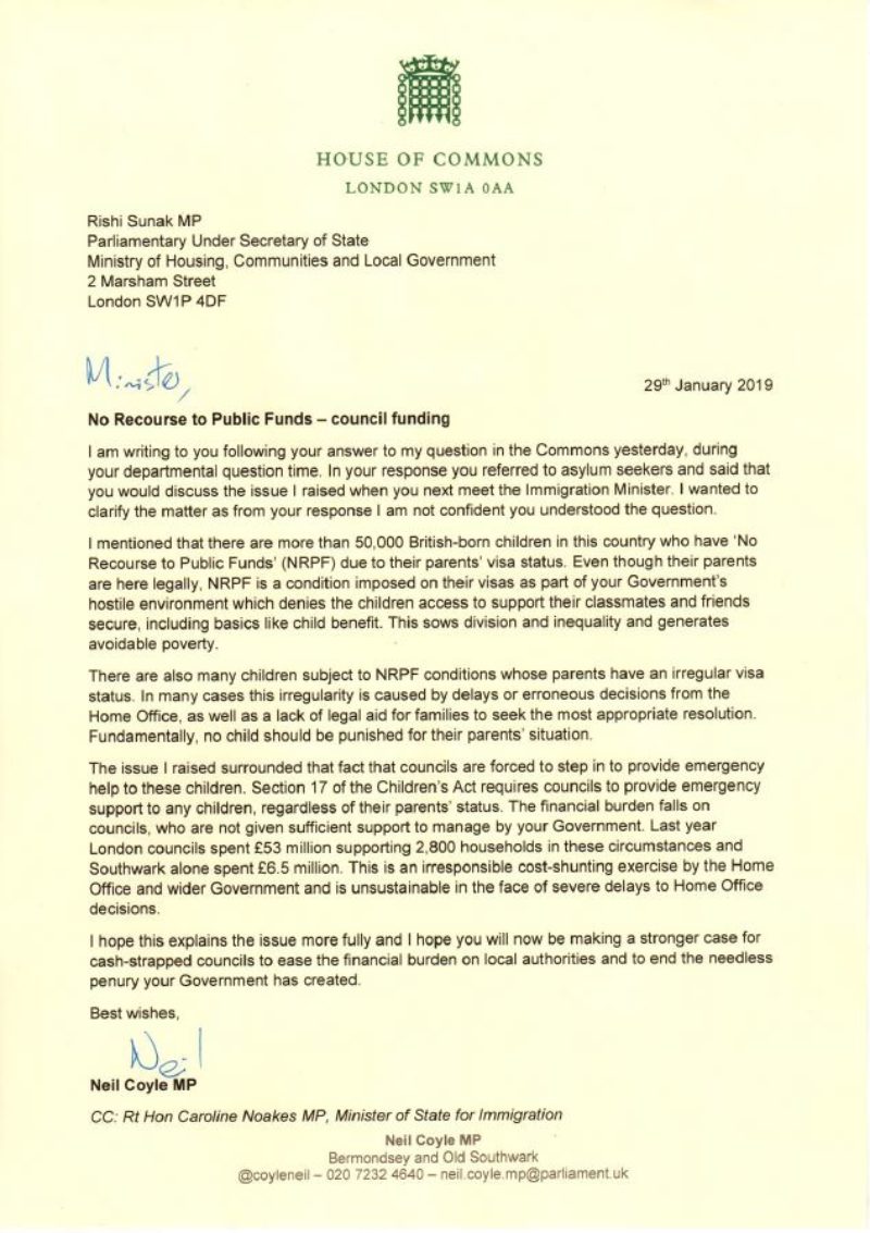 Letter To Mhclg On No Recourse To Public Funds - Neil Coyle