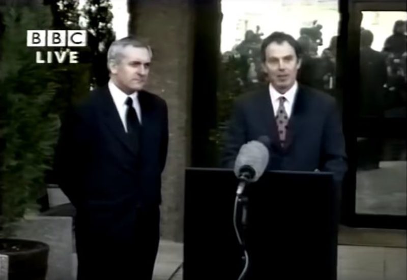Tony Blair and Bertie Ahern giving a press conference on 10th April 1998
