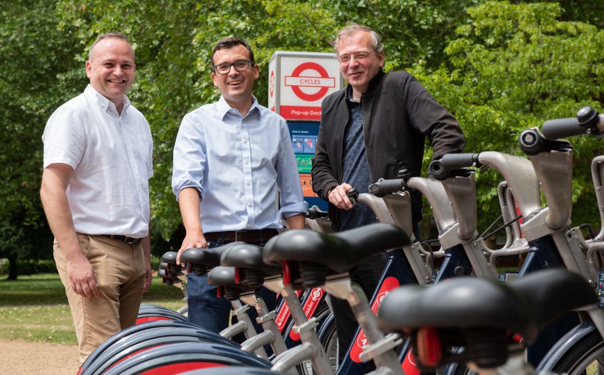 A pop-up cycle hire docking station in Southwark Park. With Deputy Mayor Will Norman and Cllr Richard Livingstone
