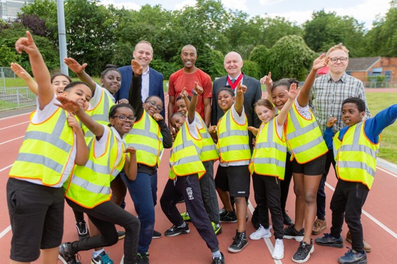 With Southwark school pupils, Colin Jackson, and Cllr Barrie Hargrove, Deputy Mayor of Southwark.