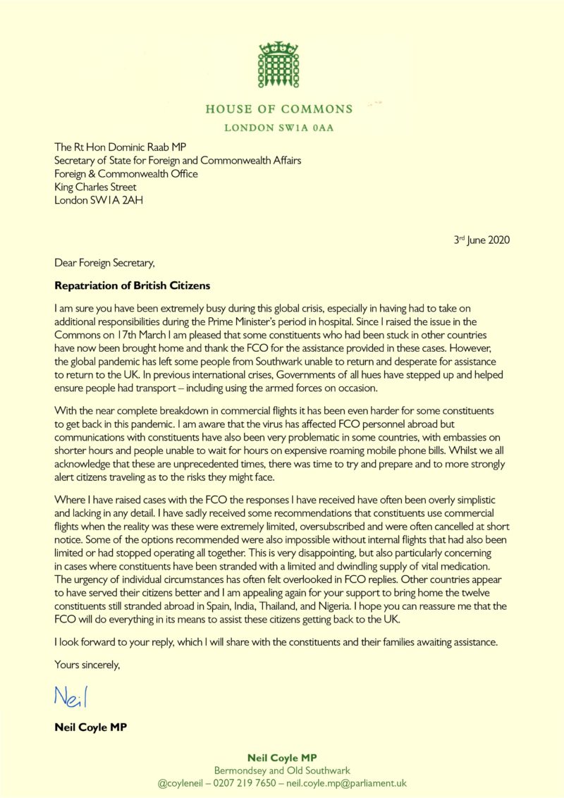 Letter to FCO