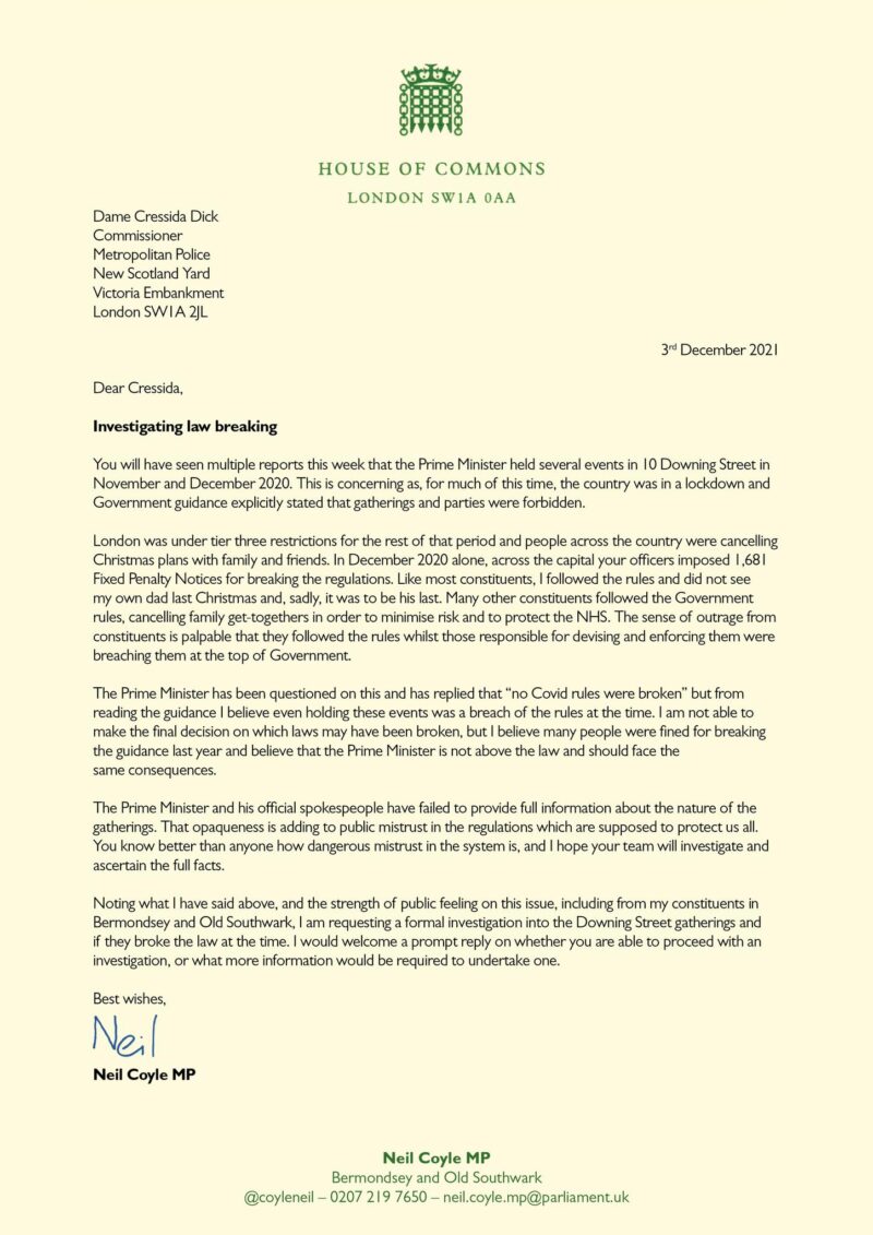 Neil Coyle letter to Met on Downing Street Rule Breaking