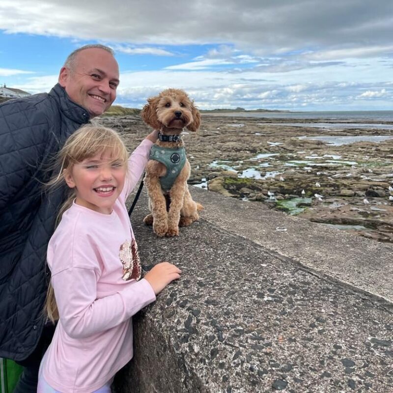 Neil Coyle MP with his daughter Esme and his dog Ruby at the beach